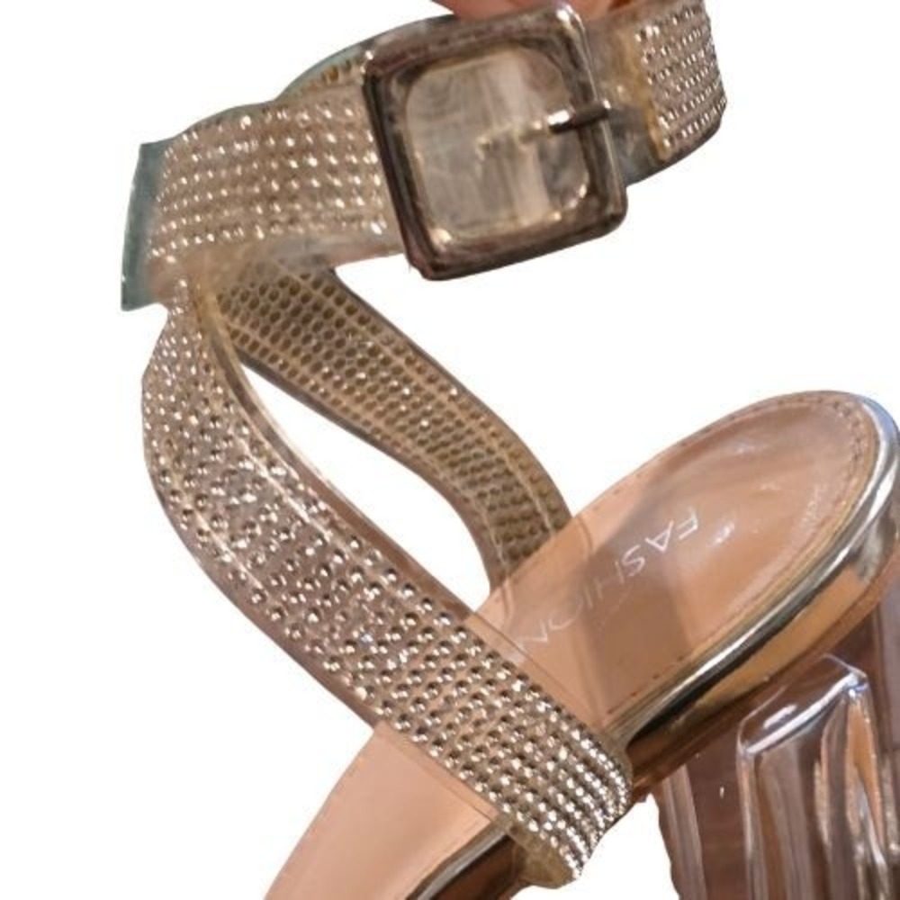 Fashion Nova Silver Rhinestone Glass Slipper Clear Lucite Block Heel Size 10